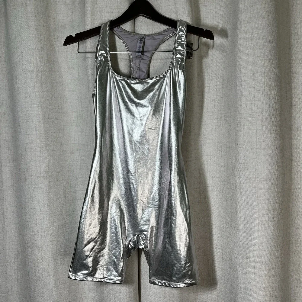 NEW! Skims Women Nickel Silver Metallic‎ Swim Cycle Body Suit Size Small
